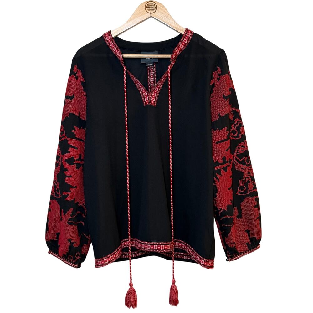 Maeve Umbra Peasant Top Floral Embroidered Blouse Anthropologie BLK Women Medium
